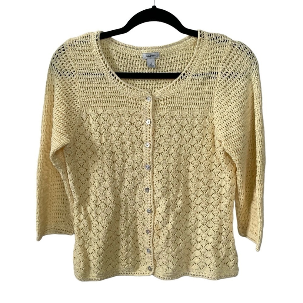 L.L. BEAN Linen Cotton Button Front Crochet Cardigan Sweater Yellow SP